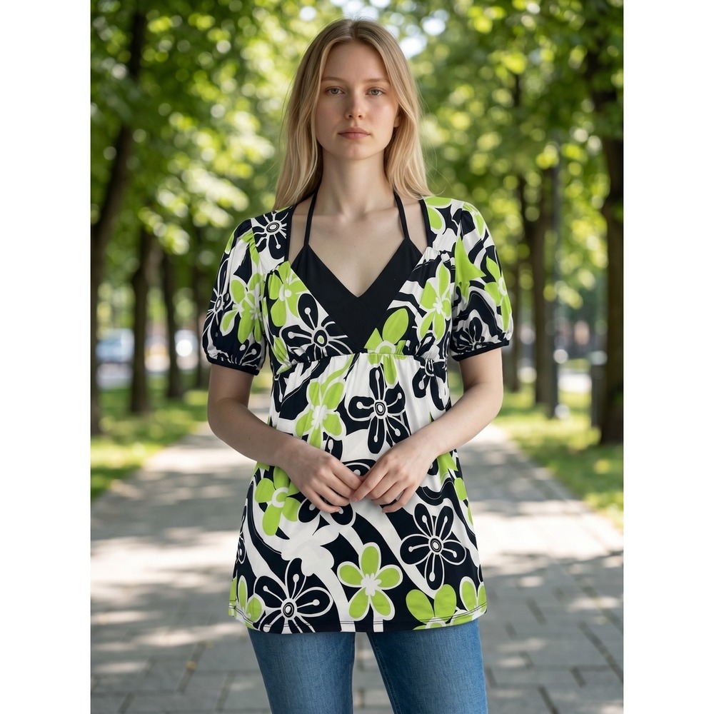 B.O.G. Stretch Womens‎ Y2K Floral Tunic Top Lime Green Black Halter Layered L